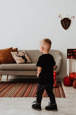 İki yaşındaki havalı hippi çocuk, sonbahar dekorunun süslü fotoğraf sahasında güzel, parlak sonbahar yapraklarıyla poz veriyor. Sıcak atmosfer