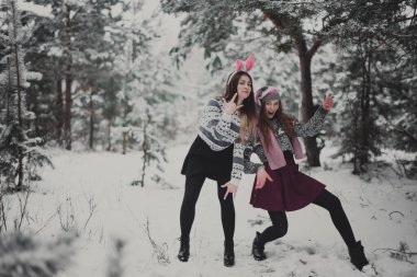 İki genç yeniyetme kız arkadaş bir arada. İki kız kardeşin moda portresini yakın çekin. Kışları eğlenin, süveter giyin, en iyi arkadaşlar açık havada, karlı havada.
