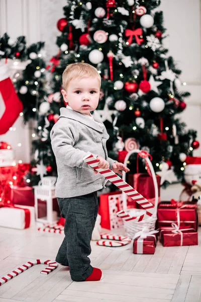 Christmas Portrait Young Boy Cozy Atmosphere Fireplace Christmas Tree — Stock Photo, Image