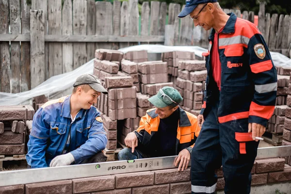 Negocio Construcción Trabajo Equipo Concepto Personas Grupo Constructores Sonrientes Aire — Foto de Stock