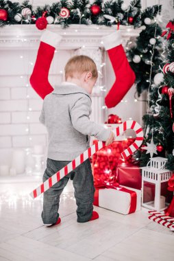 Genç bir çocuğun Noel portresi şöminenin ve Noel ağacının etrafında rahat bir atmosfer.