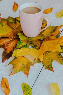 Kahve fincanı ve sarı sonbahar yaprakları. Durgun hayat, üst bakış açısı, düz yatak..