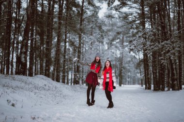 İki genç yeniyetme kız arkadaş bir arada. İki kız kardeşin moda portresini yakın çekin. Kışları eğlenin, süveter giyin, en iyi arkadaşlar açık havada, karlı havada.