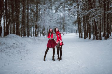 İki genç yeniyetme kız arkadaş bir arada. İki kız kardeşin moda portresini yakın çekin. Kışları eğlenin, süveter giyin, en iyi arkadaşlar açık havada, karlı havada.