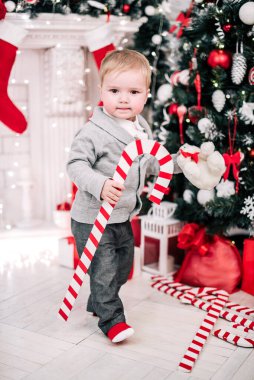 Genç bir çocuğun Noel portresi şöminenin ve Noel ağacının etrafında rahat bir atmosfer.