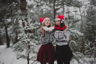 İki genç yeniyetme kız arkadaş bir arada. İki kız kardeşin moda portresini yakın çekin. Kışları eğlenin, süveter giyin, en iyi arkadaşlar açık havada, karlı havada.