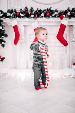 Genç bir çocuğun Noel portresi şöminenin ve Noel ağacının etrafında rahat bir atmosfer.