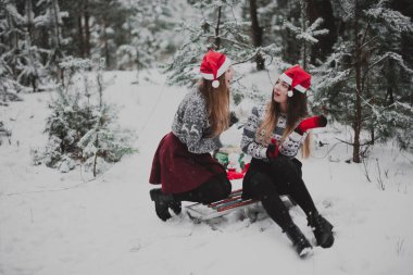 İki genç yeniyetme kız arkadaş bir arada. İki kız kardeşin moda portresini yakın çekin. Kışları eğlenin, süveter giyin, en iyi arkadaşlar açık havada, karlı havada.