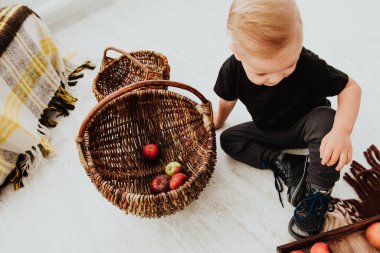 İki yaşındaki havalı hippi çocuk, sonbahar dekorunun süslü fotoğraf sahasında güzel, parlak sonbahar yapraklarıyla poz veriyor. Sıcak atmosfer