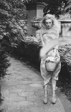 Şehvetli genç sarışın güzel ve zarif bir kadın kayaya oturmuş Çin 'deki tropik yeşil orman palmiyesinden kameraya bakıyor..