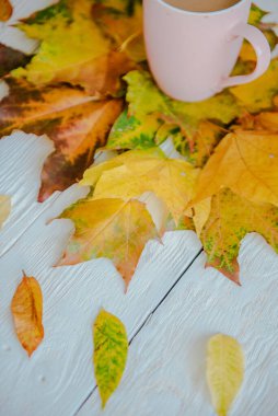 Kahve fincanı ve sarı sonbahar yaprakları. Durgun hayat, üst bakış açısı, düz yatak..