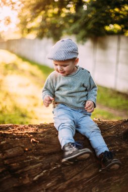 Erkek bebek 1-2 yaşında yazın doğayı keşfediyor, eğleniyor.
