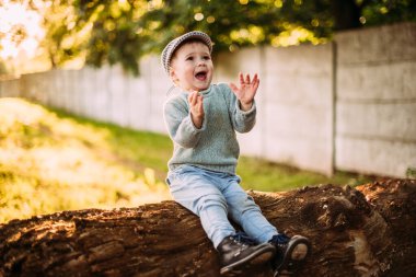Erkek bebek 1-2 yaşında yazın doğayı keşfediyor, eğleniyor.