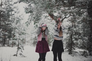 İki genç yeniyetme kız arkadaş bir arada. İki kız kardeşin moda portresini yakın çekin. Kışları eğlenin, süveter giyin, en iyi arkadaşlar açık havada, karlı havada.