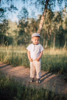 Mutlu küçük bir çocuğun portresi dışarıda eğleniyor, yaz ormanlarını keşfediyor.