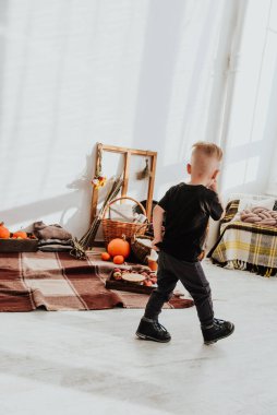İki yaşındaki havalı hippi çocuk, sonbahar dekorunun süslü fotoğraf sahasında güzel, parlak sonbahar yapraklarıyla poz veriyor. Sıcak atmosfer