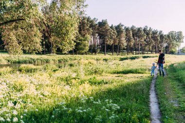 Erkek bebek 1-2 yaşında yazın doğayı keşfediyor, babasıyla eğleniyor. 
