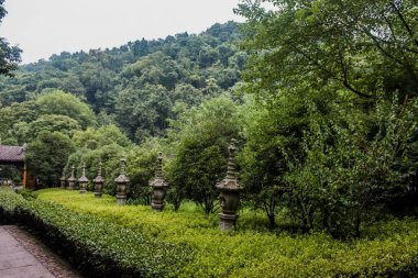 Lingyin Tapınağı 'ndaki (Ruhlar Tapınağı) Feilai Feng' de yeşil alan. Çin 'deki en büyük Budist tapınaklarından biri.