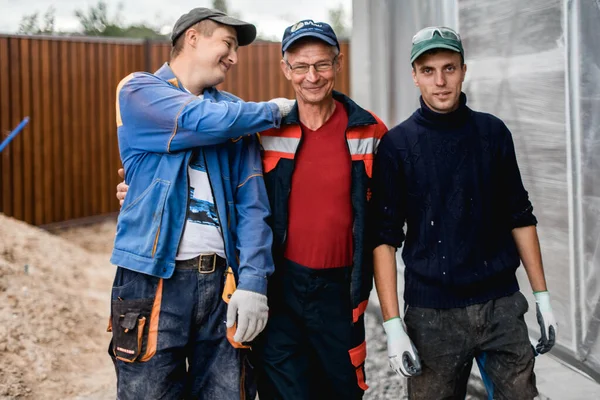 Negocio Construcción Trabajo Equipo Concepto Personas Grupo Constructores Sonrientes Aire — Foto de Stock