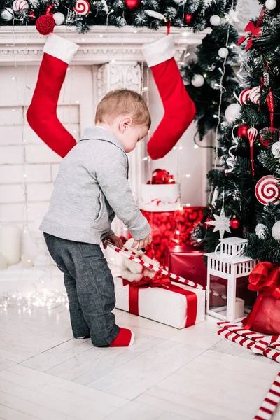 Christmas Portrait Young Boy Cozy Atmosphere Fireplace Christmas Tree — Stock Photo, Image