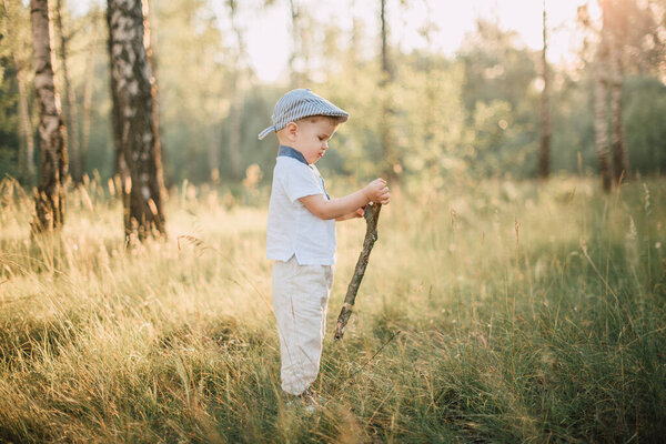 Portrait of a happy cute little boy having fun outdoors, exploring summer nature forest