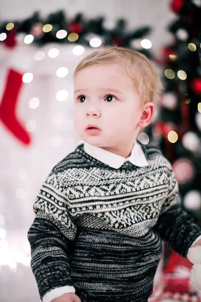 Christmas Portrait Young Boy Cozy Atmosphere Fireplace Christmas Tree — Stock Photo, Image