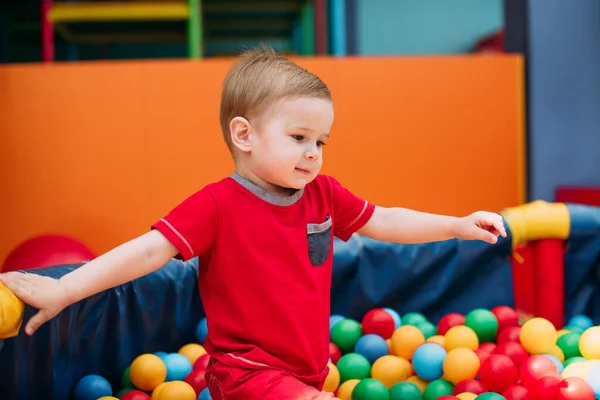 Happy Laughing Boy Years Old Having Fun Ball Pit Birthday — Stock Photo, Image