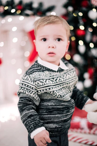 Christmas Portrait Young Boy Cozy Atmosphere Fireplace Christmas Tree — Stock Photo, Image