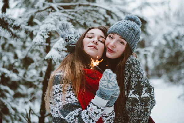 Two Young Teenage Hipster Girl Friends Together Close Fashion Portrait — Stock Photo, Image