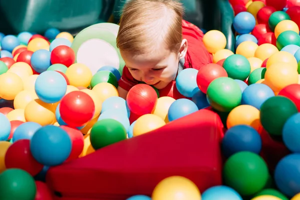 Happy Laughing Boy Years Old Having Fun Ball Pit Birthday — Stock Photo, Image