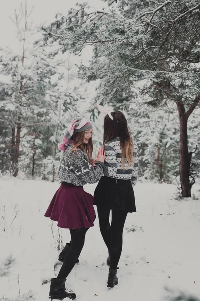 Two Young Teenage Hipster Girl Friends Together Close Fashion Portrait — Stock Photo, Image