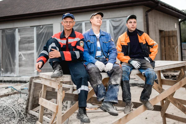 Negocio Construcción Trabajo Equipo Concepto Personas Grupo Constructores Sonrientes Aire — Foto de Stock