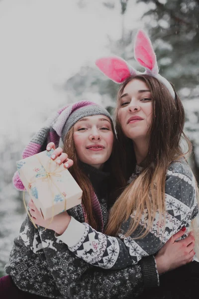 二人の若い十代のヒップスター女の子の友人一緒に アップファッションの肖像画を閉じます2姉妹抱擁と楽しい冬の時間を持っています セーターを着て 親友カップル屋外 雪の天気 — ストック写真