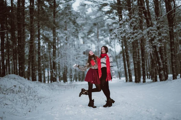 二人の若い十代のヒップスター女の子の友人一緒に アップファッションの肖像画を閉じます2姉妹抱擁と楽しい冬の時間を持っています セーターを着て 親友カップル屋外 雪の天気 — ストック写真