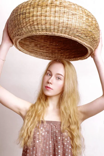 Beautiful Peasant Girl Holding Basket Fashion Retouched Portrait — Stock Photo, Image