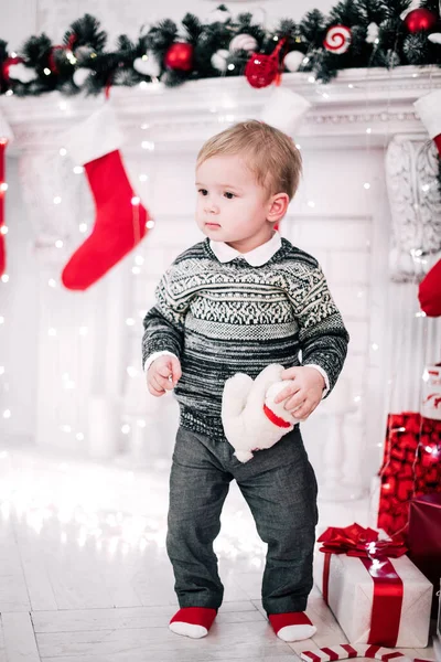 Christmas Portrait Young Boy Cozy Atmosphere Fireplace Christmas Tree — Stock Photo, Image