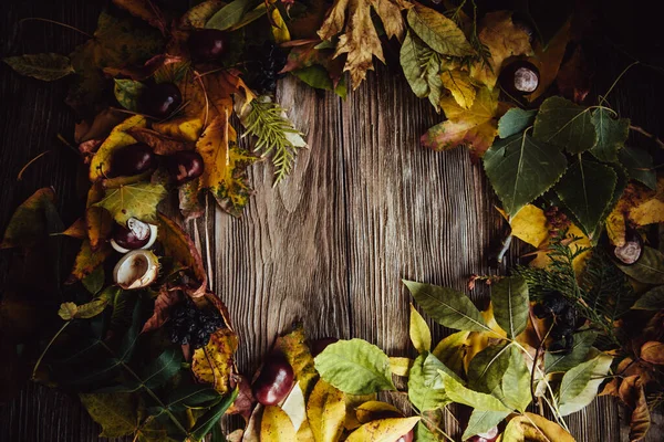 Podzimní Dřevěné Pozadí Zelenými Žlutými Listy Flatlay — Stock fotografie