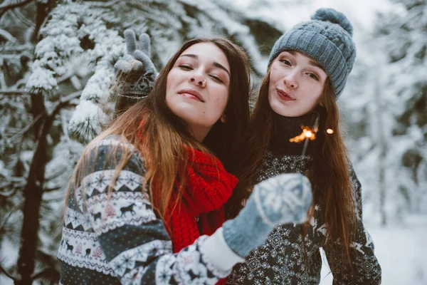 两个年轻的嬉皮士女友在一起 紧密拥抱两个姐妹的时尚肖像 享受冬天的快乐时光 穿着毛衣 最好的朋友们一起外出 多雪的天气 — 图库照片