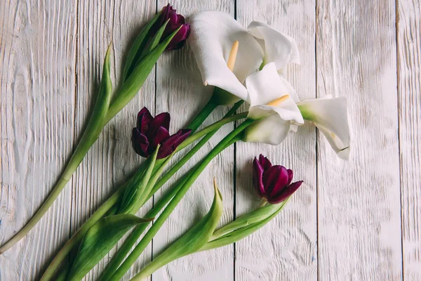 Mockup. White calla Flowers on a white wooden background. Flat lay, spring and summer background with copy space.