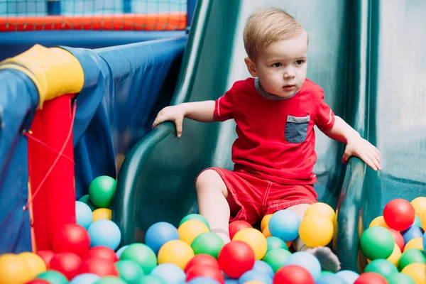 Happy Laughing Boy Years Old Having Fun Ball Pit Birthday — Stock Photo, Image