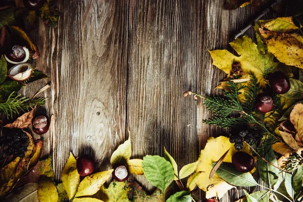 Podzimní Dřevěné Pozadí Zelenými Žlutými Listy Flatlay — Stock fotografie