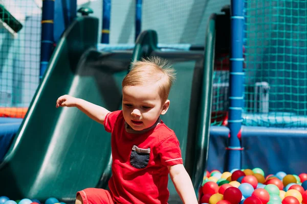 Happy Laughing Boy Years Old Having Fun Ball Pit Birthday — Stock Photo, Image