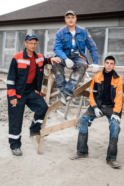 Negocio Construcción Trabajo Equipo Concepto Personas Grupo Constructores Sonrientes Aire — Foto de Stock