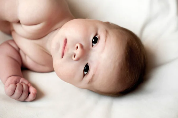 Soft Picture Beautiful Baby Boy Laying White Bedding — Stock Photo, Image