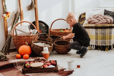 İki yaşındaki havalı hippi çocuk, sonbahar dekorunun süslü fotoğraf sahasında güzel, parlak sonbahar yapraklarıyla poz veriyor. Sıcak atmosfer