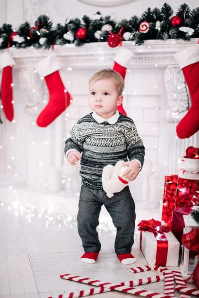 Christmas Portrait Young Boy Cozy Atmosphere Fireplace Christmas Tree — Stock Photo, Image