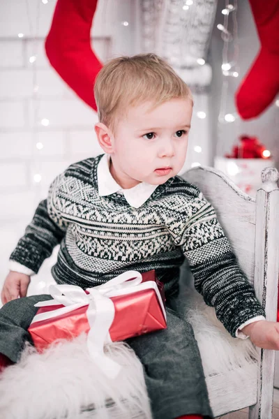 Christmas Portrait Young Boy Cozy Atmosphere Fireplace Christmas Tree — Stock Photo, Image