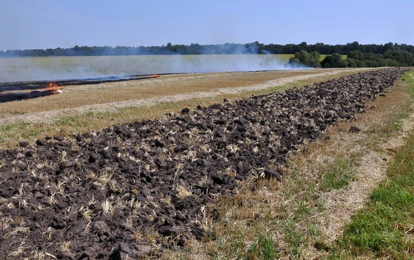 Plow el tractor con una tira de campo del fuego — Foto de Stock