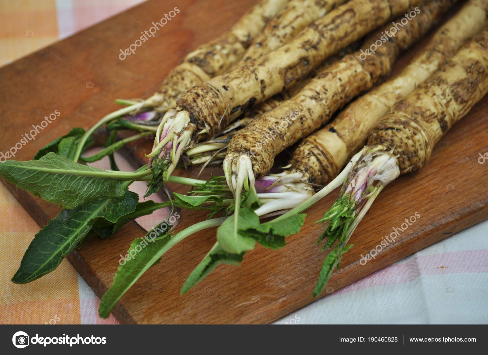 Untreated horseradish on a kitchen board ⬇ Stock Photo, Image by