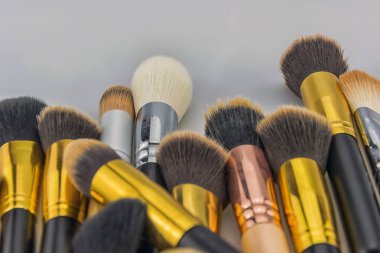 Çok sayıda farklı renkler, formlar ve tarafsız arka plan üzerinde izole boyutlarda profesyonel makyaj fırçaları. 